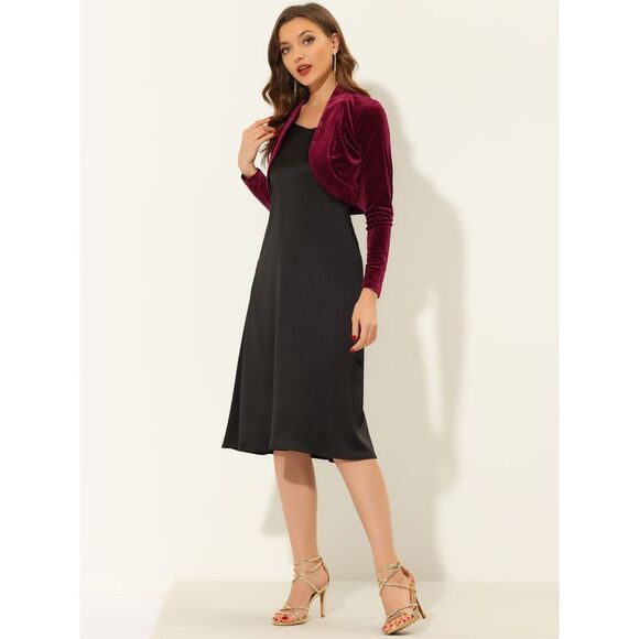 Long Sleeve Velvet Shrug Open Front Cropped Bolero Cardigan Top Burgundy - Picture 3 of 5